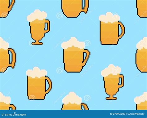 Pixel Glasses Of Beer Seamless Pattern Beer With Foam In Glasses