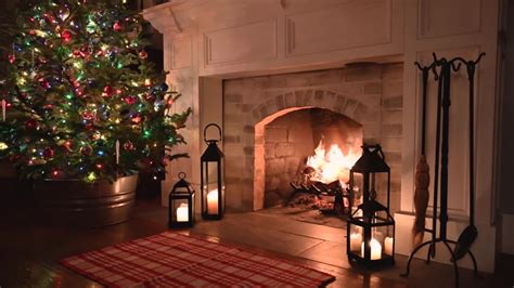 New Years Eve Yule Log Fireplace With Christmas Tree Yuletide