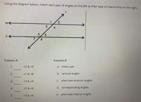 Using The Diagram Below Match Each Pair Of Angles On The Left To Their