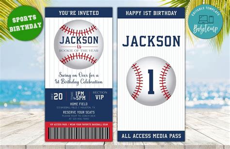 Invitación De Boleto De Cumpleaños De Béisbol Editable Descarga