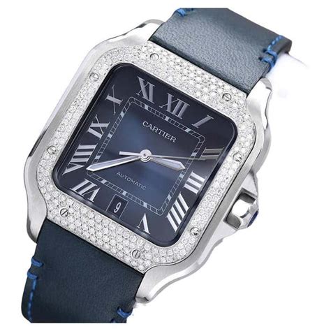 Cartier Santos De Cartier Stainless Steel Watch With Diamond Bezel Blue