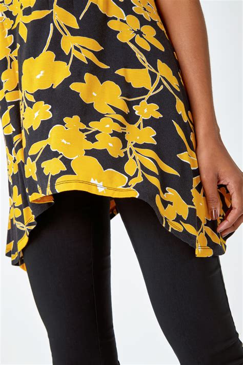 Yellow Contrast Floral Print Hanky Hem Tunic Roman UK