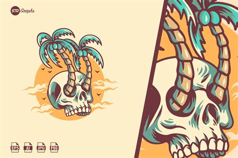 Palm Skull Summer Retro Illustrati Decorative Illustrations ~ Creative Market