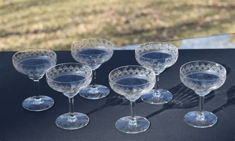 Vintage Needle Etched Cocktail Glasses Set Of 6 Circa 1920s Antique Needle Etched Champagne