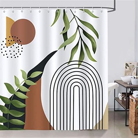 Bonhause Green Leaf Mid Century Abstract Shower Curtain Boho Arch Sun