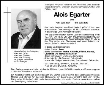 Traueranzeigen Von Alois Egarter Trauer Bz