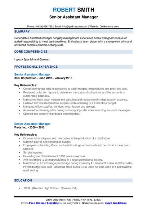 Senior Assistant Manager Resume Samples Qwikresume