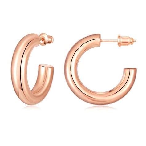 Pair Women S Gold Plated Chunky Hoop Earrings Stainless Steel Column