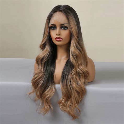 Perruque Lace Front Wig synthétique Ombre marron avec reflets perruque