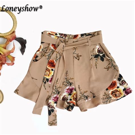 Womens Shorts Multicolor Bow Tie High Waist Lace Up Floral Loose Shorts