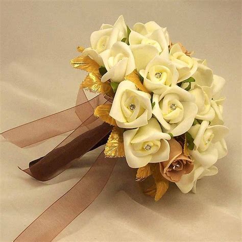 Ivory Rosebud Gold Leaf Bouquet Silk Flowers Wedding Gold Wedding