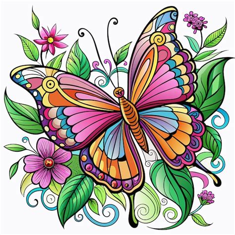 Un Dibujo De Una Mariposa Con Flores Y Mariposas Vector Premium