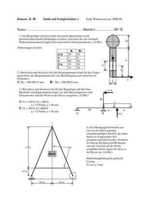 Alte Klausur Festigkeitslehre Sept 2019 Klausur Festigkeitslehre S