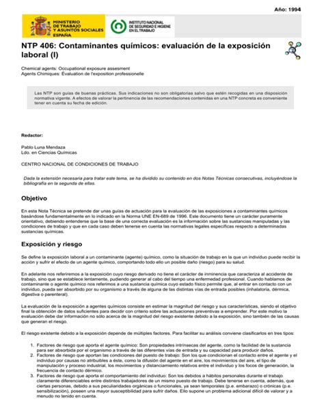 Nueva ventana NTP 406 Contaminantes químicos evaluación de la