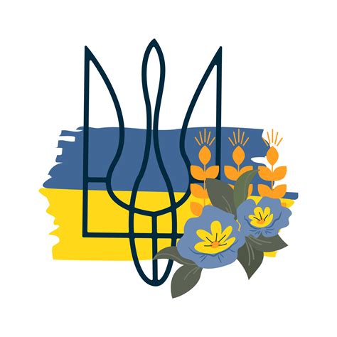 Emblem Of Ukraine On The Background Of Yellow And Blue Flag Decorated With Flowers On White