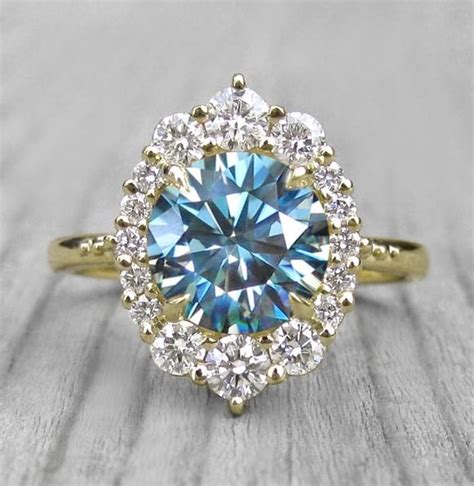 Aqua Teal Iconic Moissanite Engagement Ring With Diamond Halo 193ctw