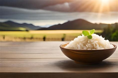 Arroz En Un Bol Con Una Hoja Verde Sobre La Mesa Foto Premium