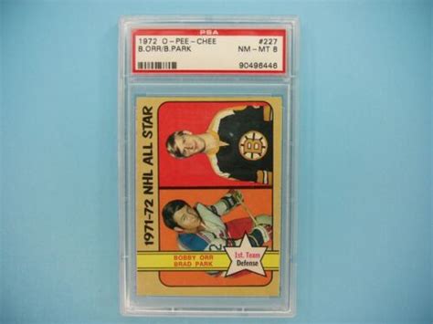 1972 73 O PEE CHEE NHL HOCKEY CARD 227 BRAD PARK BOBBY ORR AS PSA 8 NM