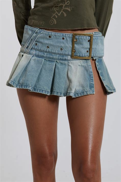 Blue Pleated Denim Mini Skirt With Belt Detail Jaded London