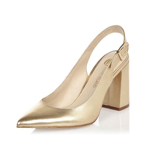 River Island Gold Leather Slingback Block Heels In Metallic Lyst