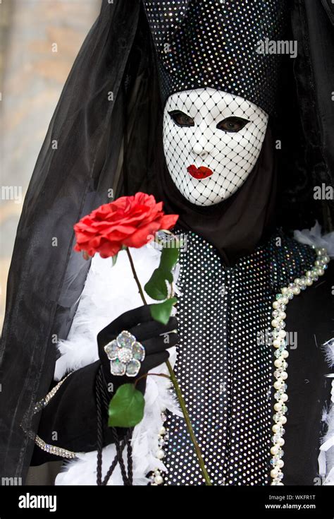 A Venetian Lady With A White Mask Red Lips And A Red Rose Stock Photo