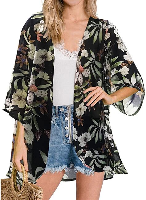 Women S Floral Print Puff Sleeve Kimono Cardigan Loose Cover Up Casual