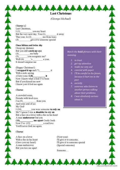 Last Christmas Lyrics Gap Fill Gen English Esl Worksheets Pdf Doc