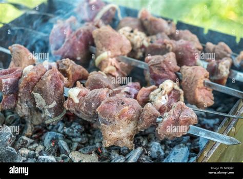 Georgian Mtsvadi Shashlik Preparation Smoking Shashlik On The Grill