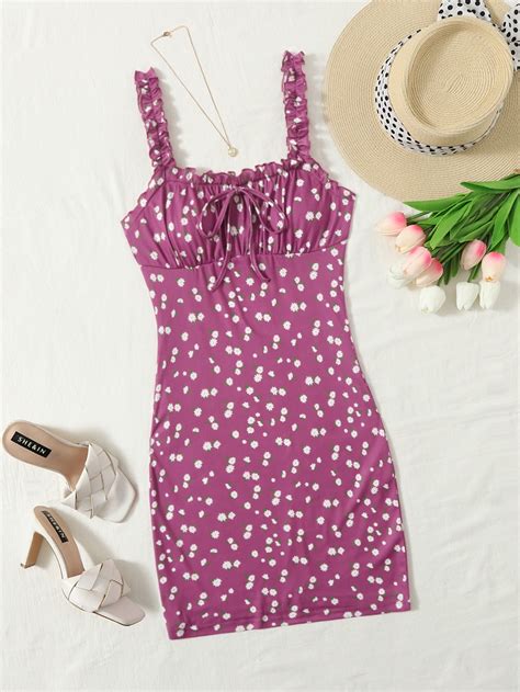 Shein Wywh Daisy Print Frilled Ruched Bust Tie Front Cami Dress Shein Usa