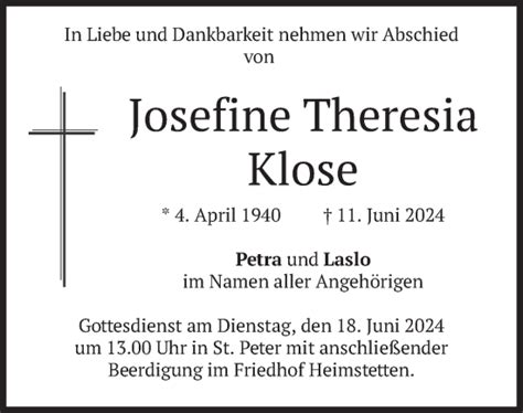 Traueranzeigen Von Josefine Theresia Klose Trauer Merkur De