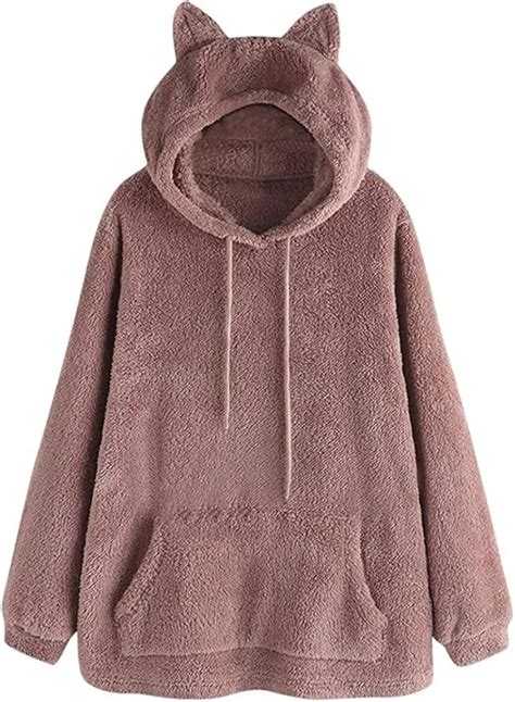 Womens Casual Hooded Teddy Bear Ear Coat Jacket Cute Fleece Faux Solid