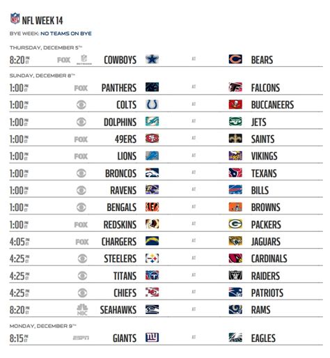 Nfl Week 14 Printable Schedule