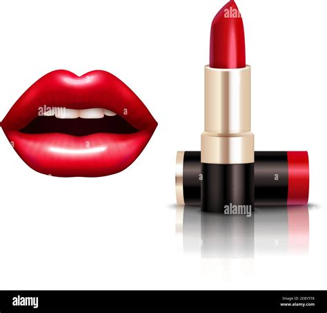 Lips And Lipstick Realistic Set With Bright Red Color Isolated Vector