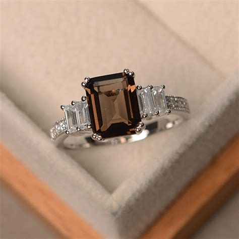 Natural Smoky Quartz Ring Emerald Cut Engagement Ring Etsy