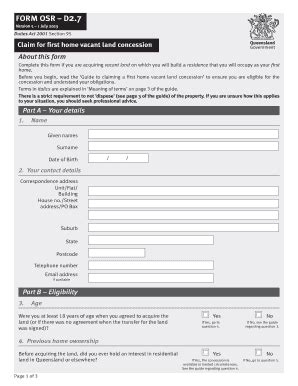 Fillable Online Osr Qld Gov Claim For Transfer Duty Concession First