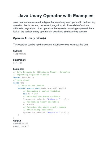 Java Unary Operator With Examples It Consists Of Various Arithmetic