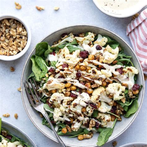 Roasted Cauliflower Chickpea Salad With Garlic Tahini Dressing