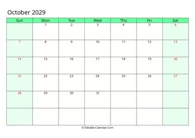 Editable Calendar October 2029 in Excel, Word, PDF