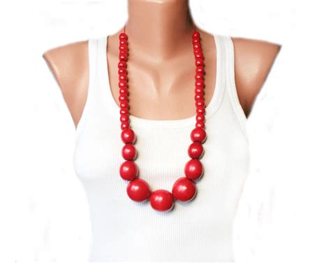 Red Necklace For Women Long Beaded Necklace Fall Natural Etsy