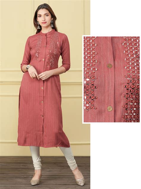 Chalk Striped And Mirror Worked Kurti Rusty Maroon In 2020 Stylish