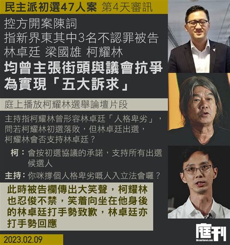 民主派初選47人案第4天審訊｜參選新界東3名不認罪被告林卓廷、梁國雄、柯耀林 被指曾主張街頭與議會抗爭 為實現「五大訴求」 庭刊