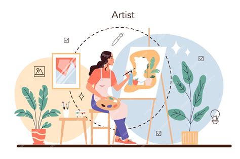 아티스트 개념 브러시와 페인트를 들고 있는 큰 이젤 또는 화면 앞의 전문 일러스트레이터 창의적인 사람과 직업의 아이디어 아트