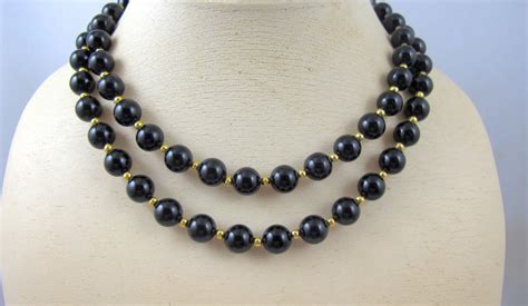 Vintage Onyx Gold Bead Necklace K Yellow Gold Black Onyx Etsy