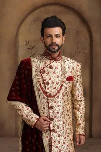 Wedding Wear Embroidered Cream And Maroon Indo Western Sherwani Size