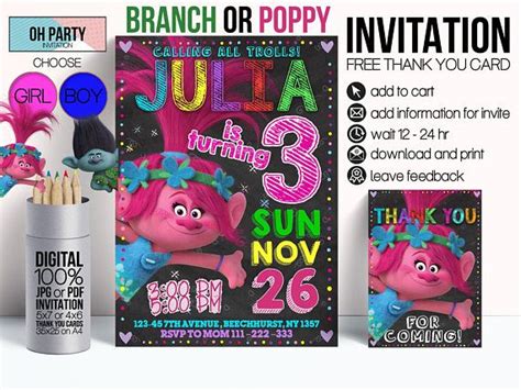 Trolls invitations, Trolls birthday invitation, Trolls party supplies… | Girls birthday party ...