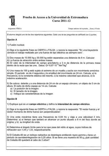 Examen de Física de Extremadura PAU de 2012 Descargar exámenes