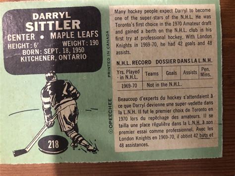 Opc O Pee Chee Darryl Sittler Rc Nice Card But Creasing