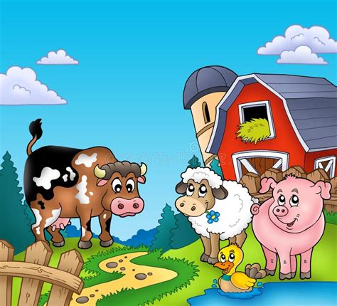 Red barn with farm animals stock illustration. Illustration of ...