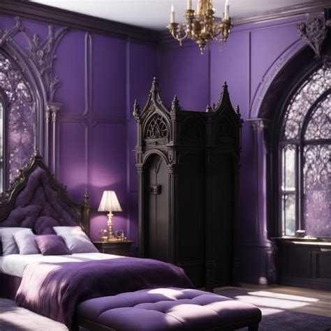 Complex Realistically Detailed Purple Gothic Bedroom With Purple Walls