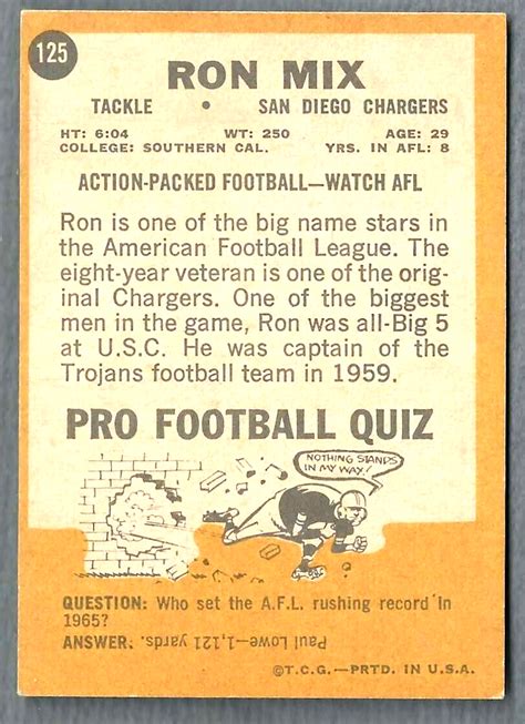 Ron Mix 1967 Topps Ron Mix San Diego Chargers Card 125 Ex Or Better